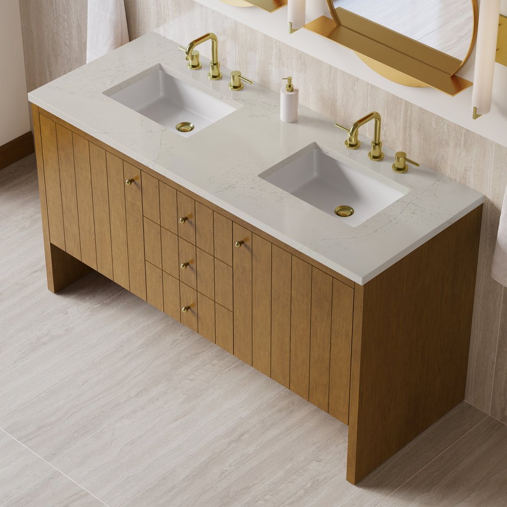 James Martin - Hudson 60" Double Vanity, Honey Oak w/ 3 CM Siberian Silestone Top - 435-V60D-HNO-3SFR view 8
