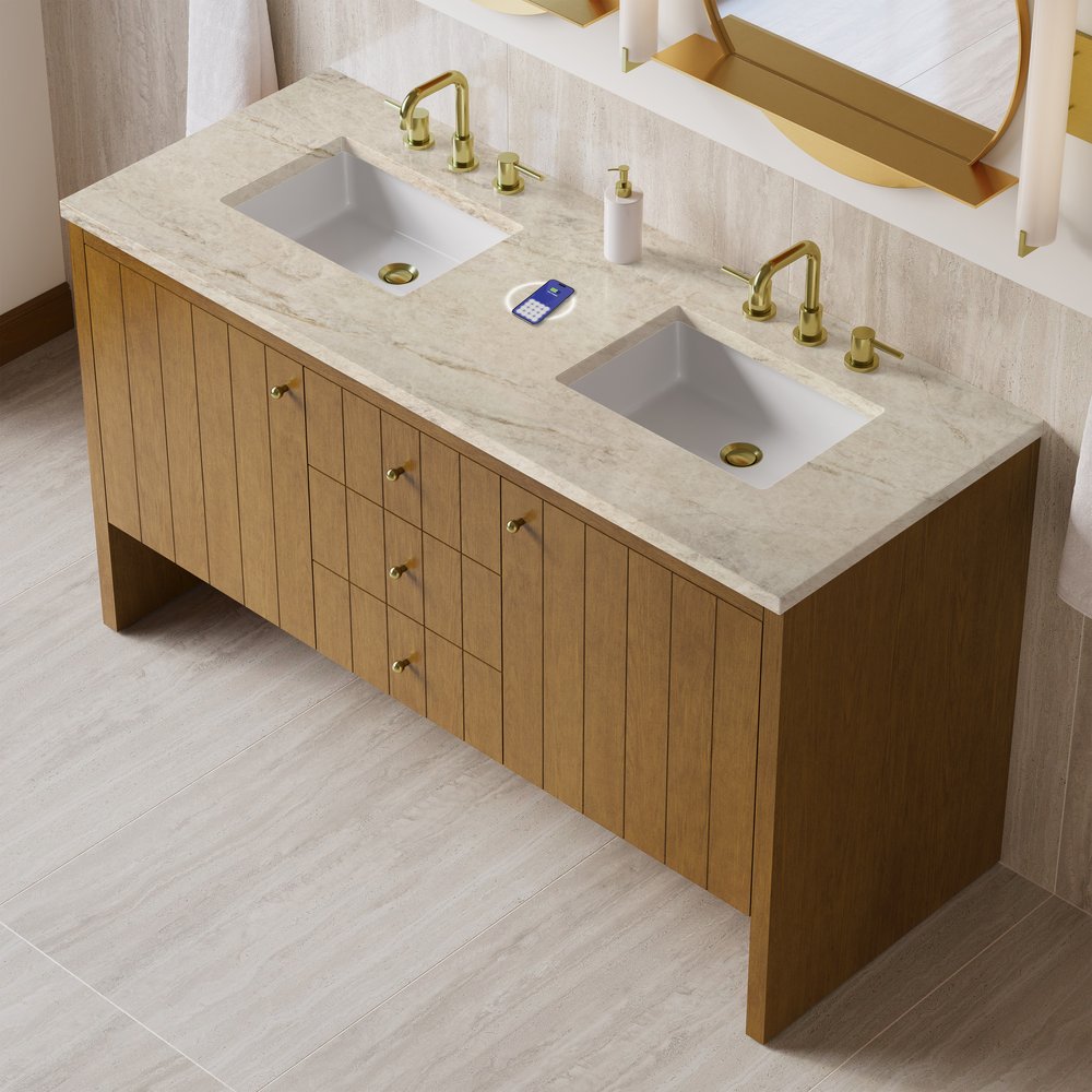 James Martin - Hudson 60" Double Vanity, Honey Oak w/ 3 CM Tajnar Eclos Top w/FreePower Wireless Charger - 435-V60D-HNO-FTJR view 8