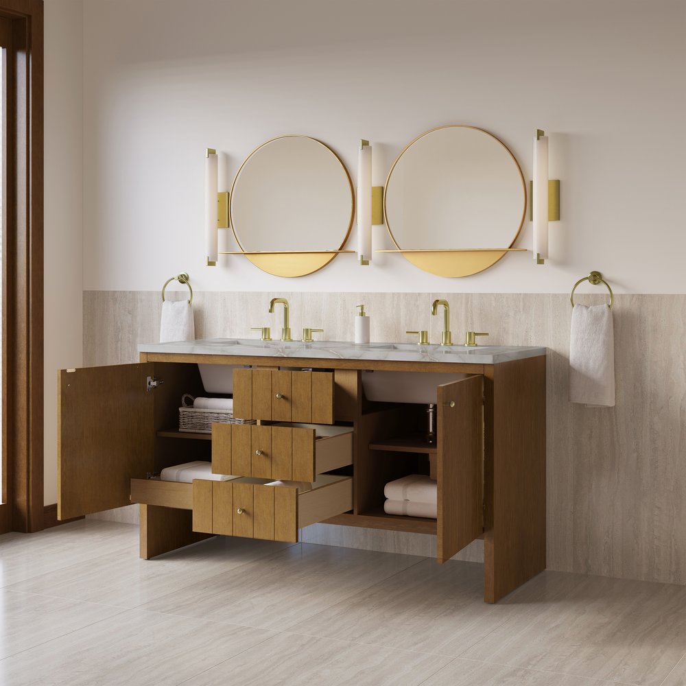 James Martin - Hudson 60" Double Vanity, Honey Oak w/ 3 CM Victorian Silver Silestone Top - 435-V60D-HNO-3VSL view 5