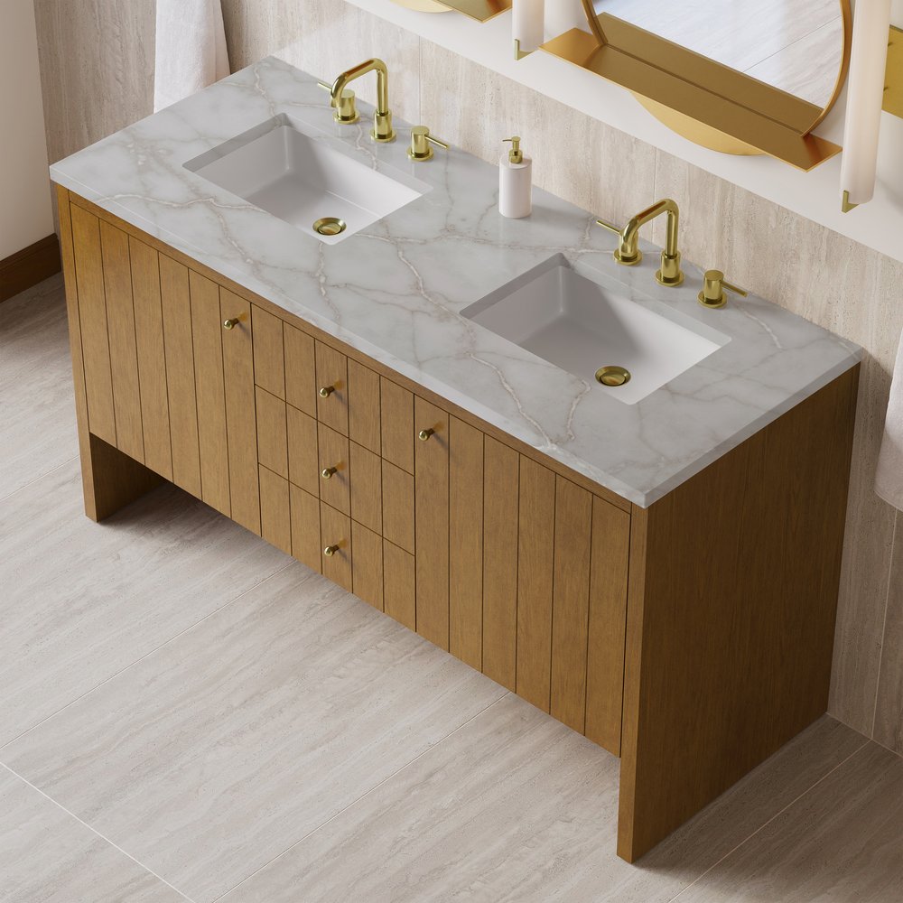 James Martin - Hudson 60" Double Vanity, Honey Oak w/ 3 CM Victorian Silver Silestone Top - 435-V60D-HNO-3VSL view 8