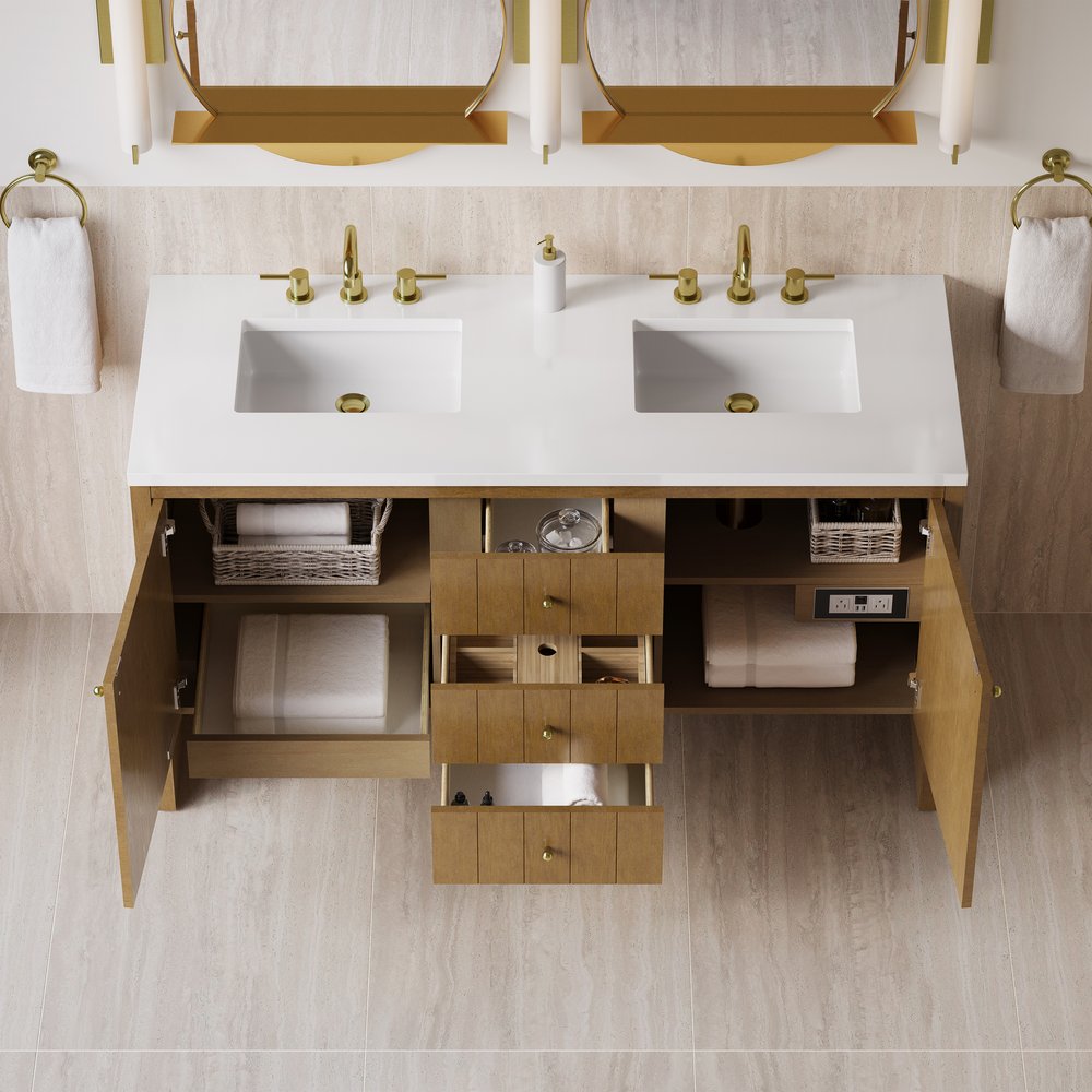 James Martin - Hudson 60" Double Vanity, Honey Oak w/ 3 CM White Zeus Silestone Top - 435-V60D-HNO-3WZ view 9