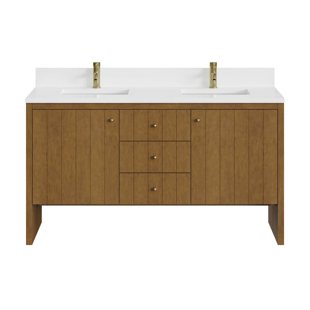 James Martin - Hudson 60" Double Vanity, Honey Oak w/ Single Hole 3 CM White Zeus Silestone Top and Matching Backsplash - 435-V60D-HNO-1WZ view 1