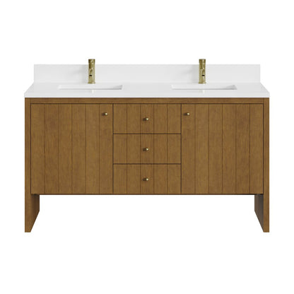 James Martin - Hudson 60" Double Vanity, Honey Oak w/ Single Hole 3 CM White Zeus Silestone Top and Matching Backsplash - 435-V60D-HNO-1WZ view 1