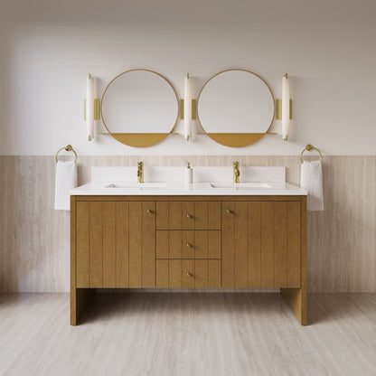 James Martin - Hudson 60" Double Vanity, Honey Oak w/ Single Hole 3 CM White Zeus Silestone Top and Matching Backsplash - 435-V60D-HNO-1WZ view 3