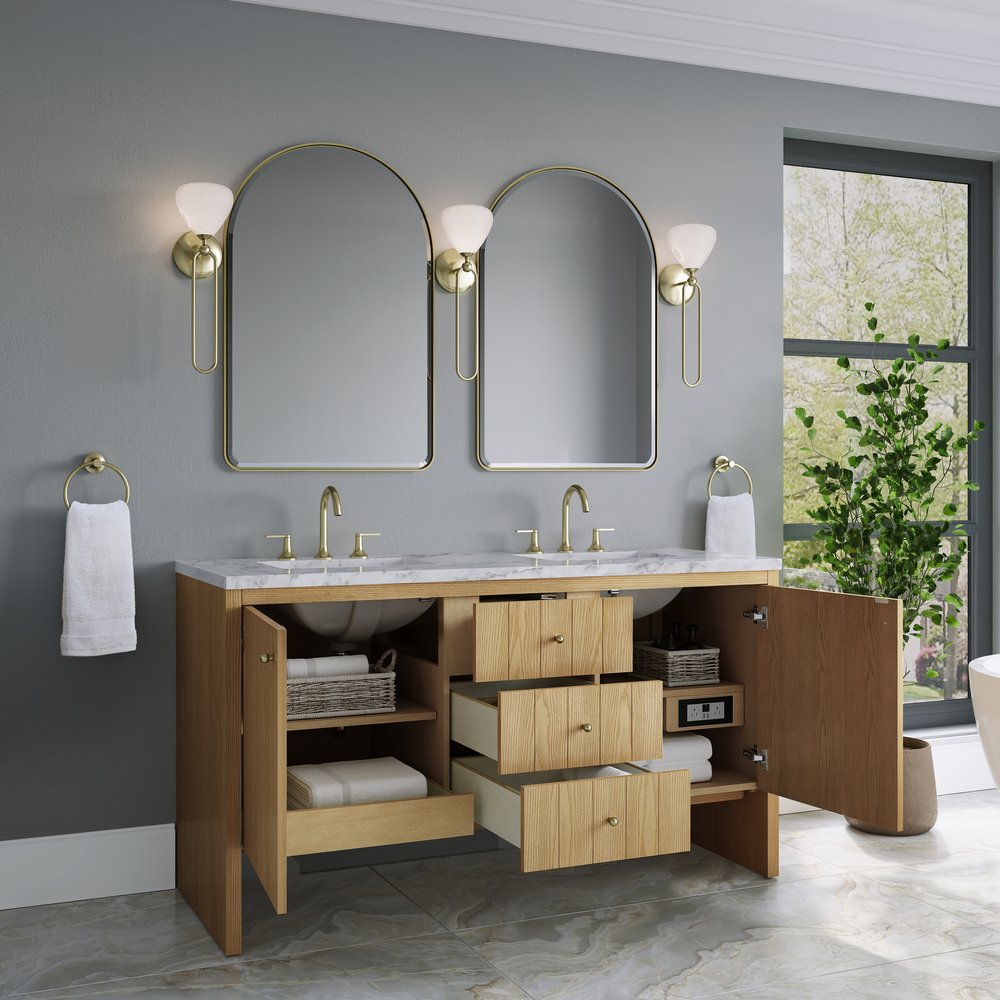 James Martin - Hudson 60" Double Vanity, Light Natural Oak w/ 3 CM Carrara Marble Top - 435-V60D-LNO-3CAR view 5