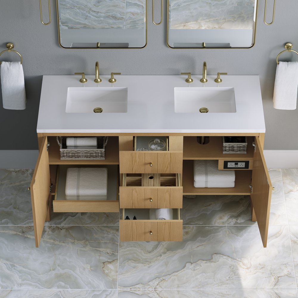 James Martin - Hudson 60" Double Vanity, Light Natural Oak w/ 3 CM White Zeus Top - 435-V60D-LNO-3WZ view 6