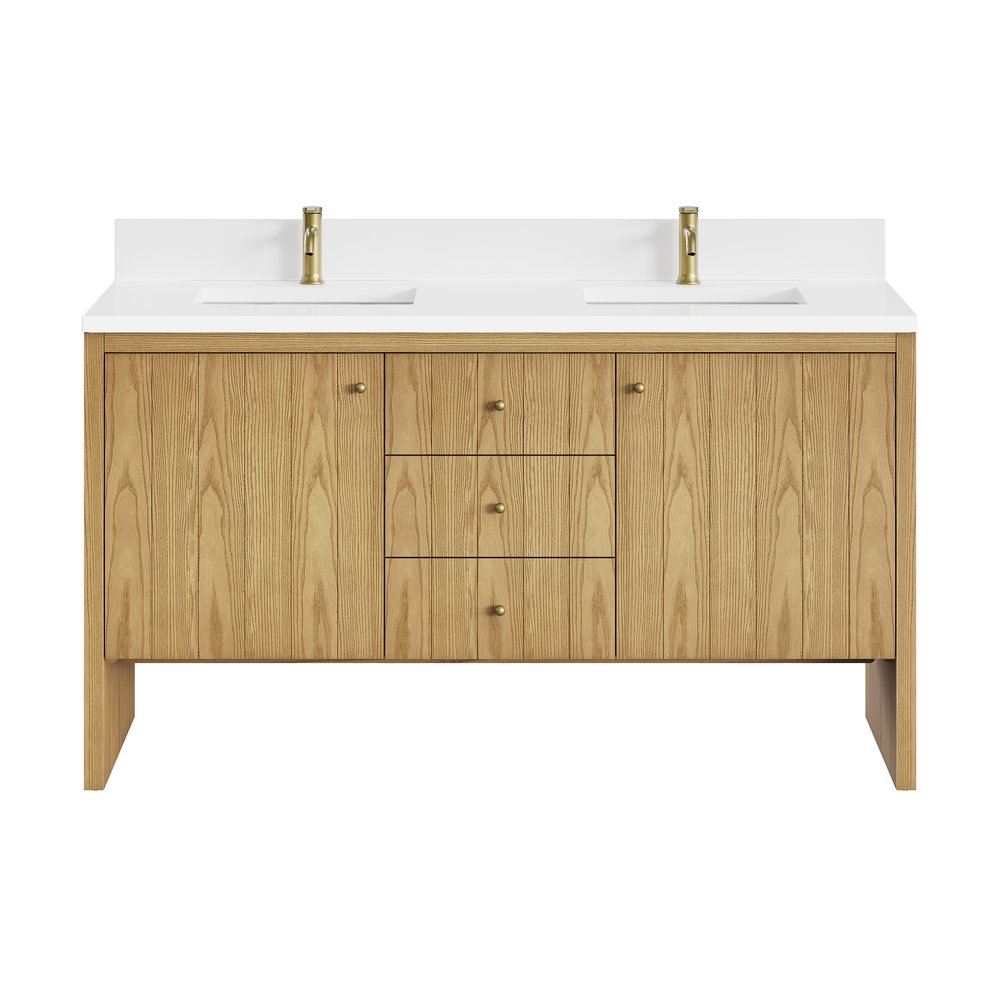 James Martin - Hudson 60" Double Vanity, Light Natural Oak w/ Single Hole 3 CM White Zeus Top & Backsplash - 435-V60D-LNO-1WZ view 1