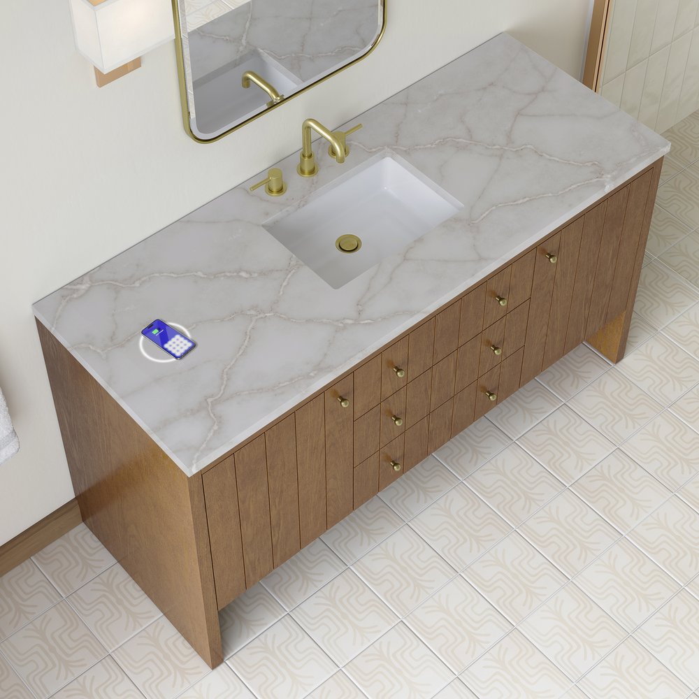 James Martin - Hudson 60" Single Vanity, Honey Oak w/ 3 CM Victorian Silver Silestone Top w/FreePower Wireless Charger - 435-V60S-HNO-FVSL view 8