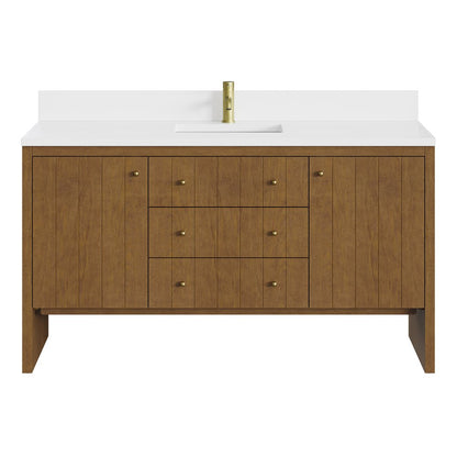 James Martin - Hudson 60" Single Vanity, Honey Oak w/ Single Hole 3 CM White Zeus Silestone Top and Matching Backsplash - 435-V60S-HNO-1WZ view 1
