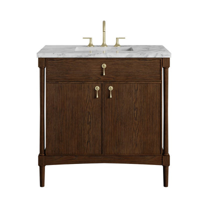 James Martin - Kinnsden 36" Single Vanity, Sable Oak w/ 3 CM Carrara Marble Top - D680-V36-SBK-3CAR view 1