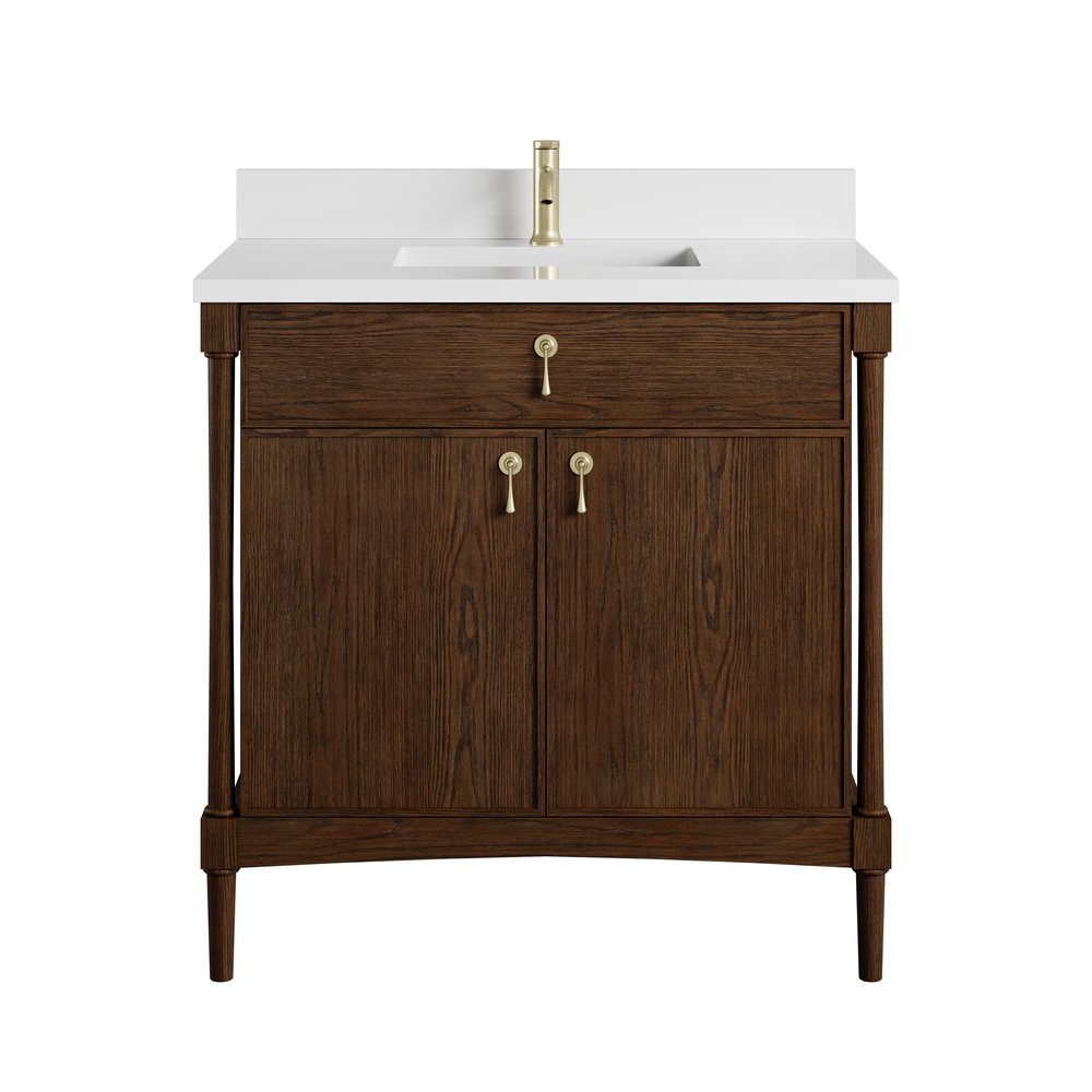 James Martin - Kinnsden 36" Single Vanity, Sable Oak w/ Single Hole 3 CM White Zeus Silestone Top and Matching Backsplash - D680-V36-SBK-1WZ view 1