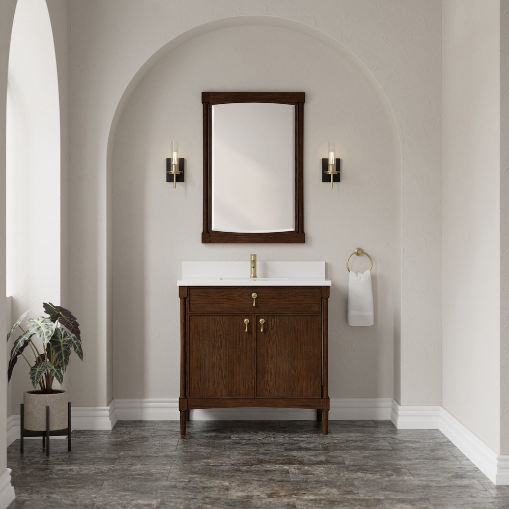 James Martin - Kinnsden 36" Single Vanity, Sable Oak w/ Single Hole 3 CM White Zeus Silestone Top and Matching Backsplash - D680-V36-SBK-1WZ view 3