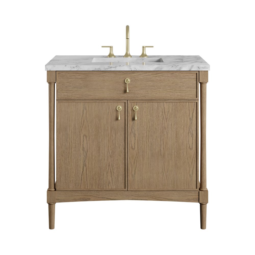 James Martin - Kinnsden 36" Single Vanity, Weathered Oak w/ 3 CM Carrara Marble Top - D680-V36-WTO-3CAR view 1