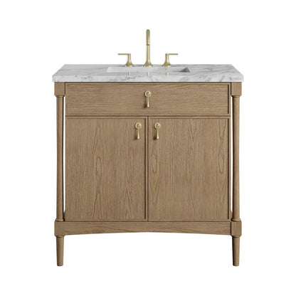 James Martin - Kinnsden 36" Single Vanity, Weathered Oak w/ 3 CM Carrara Marble Top - D680-V36-WTO-3CAR view 1