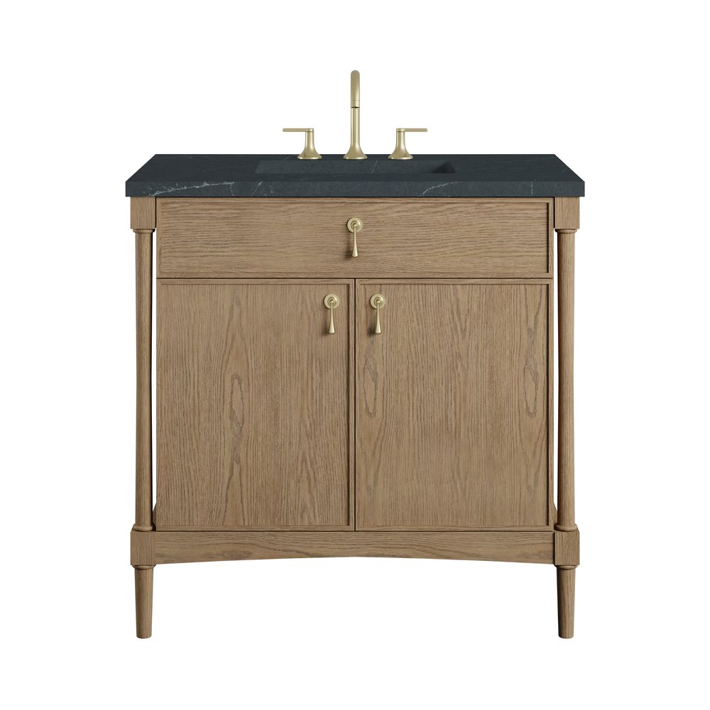 James Martin - Kinnsden 36" Single Vanity, Weathered Oak w/ 3 CM Charcoal Soapstone Silestone Top - D680-V36-WTO-3CSP view 1