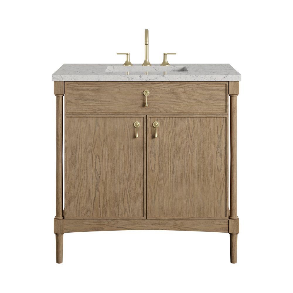 James Martin - Kinnsden 36" Single Vanity, Weathered Oak w/ 3 CM Eternal Jasmine Pearl Silestone Top - D680-V36-WTO-3EJP view 1