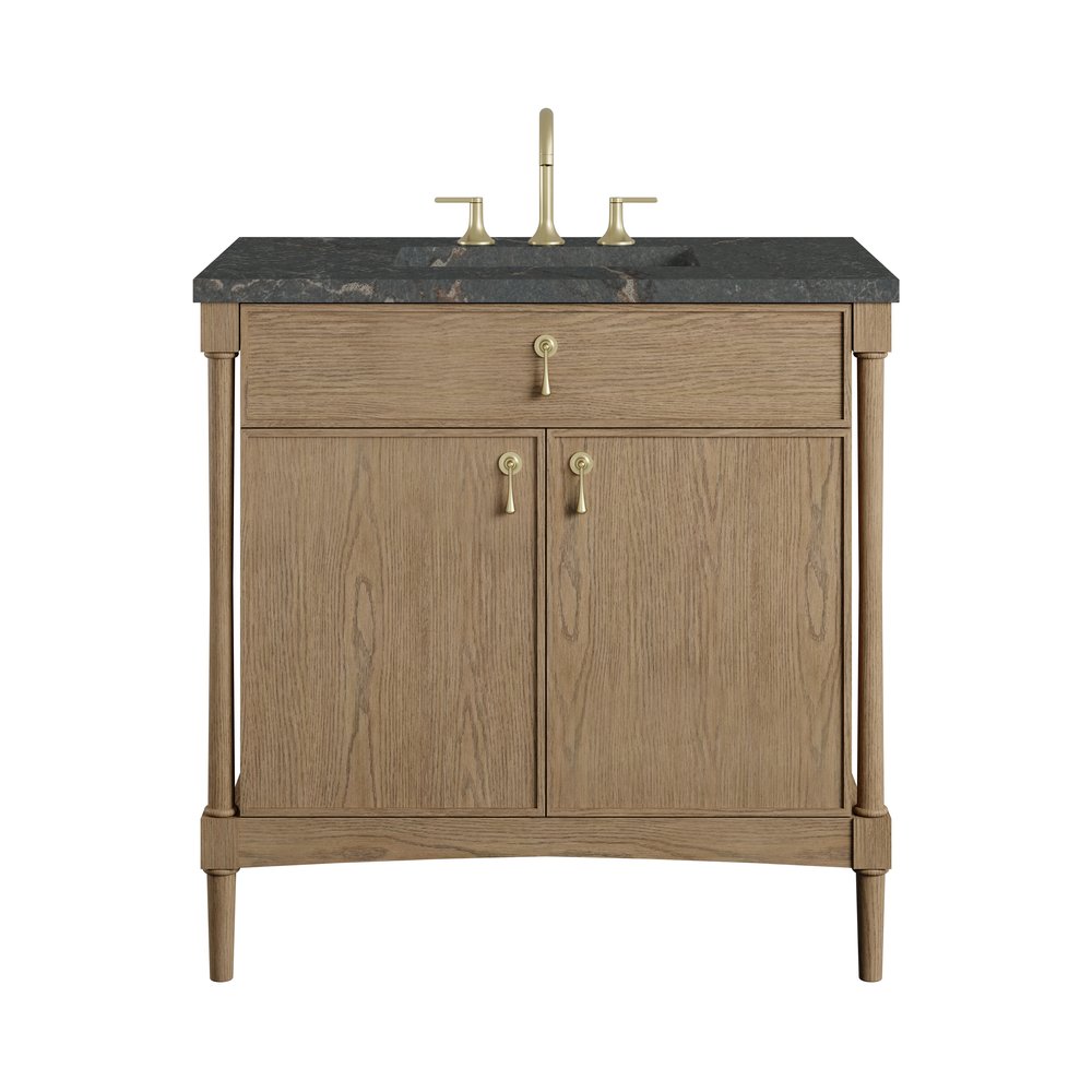 James Martin - Kinnsden 36" Single Vanity, Weathered Oak w/ 3 CM Parisien Bleu Silestone Top - D680-V36-WTO-3PBL view 1