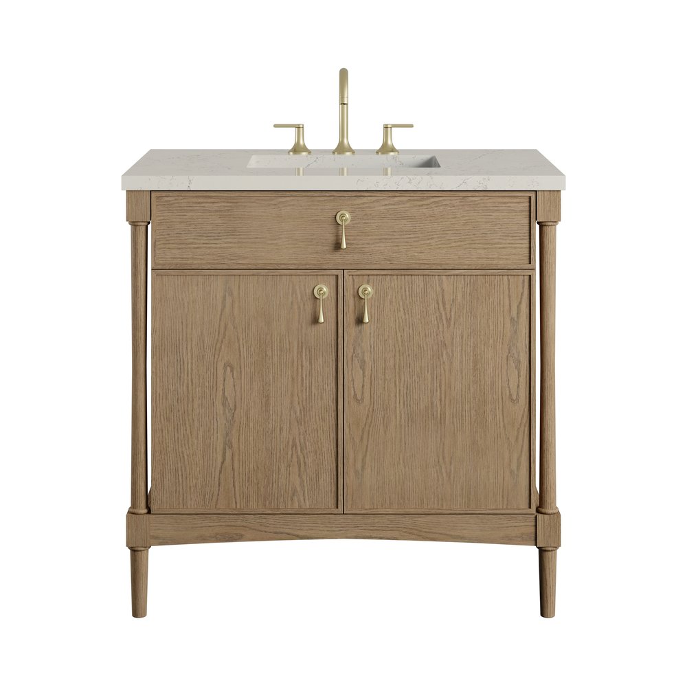 James Martin - Kinnsden 36" Single Vanity, Weathered Oak w/ 3 CM Siberian Silestone Top - D680-V36-WTO-3SFR view 1