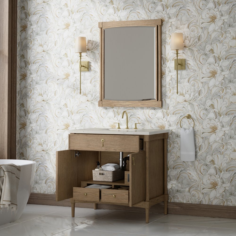 James Martin - Kinnsden 36" Single Vanity, Weathered Oak w/ 3 CM Siberian Silestone Top - D680-V36-WTO-3SFR view 5