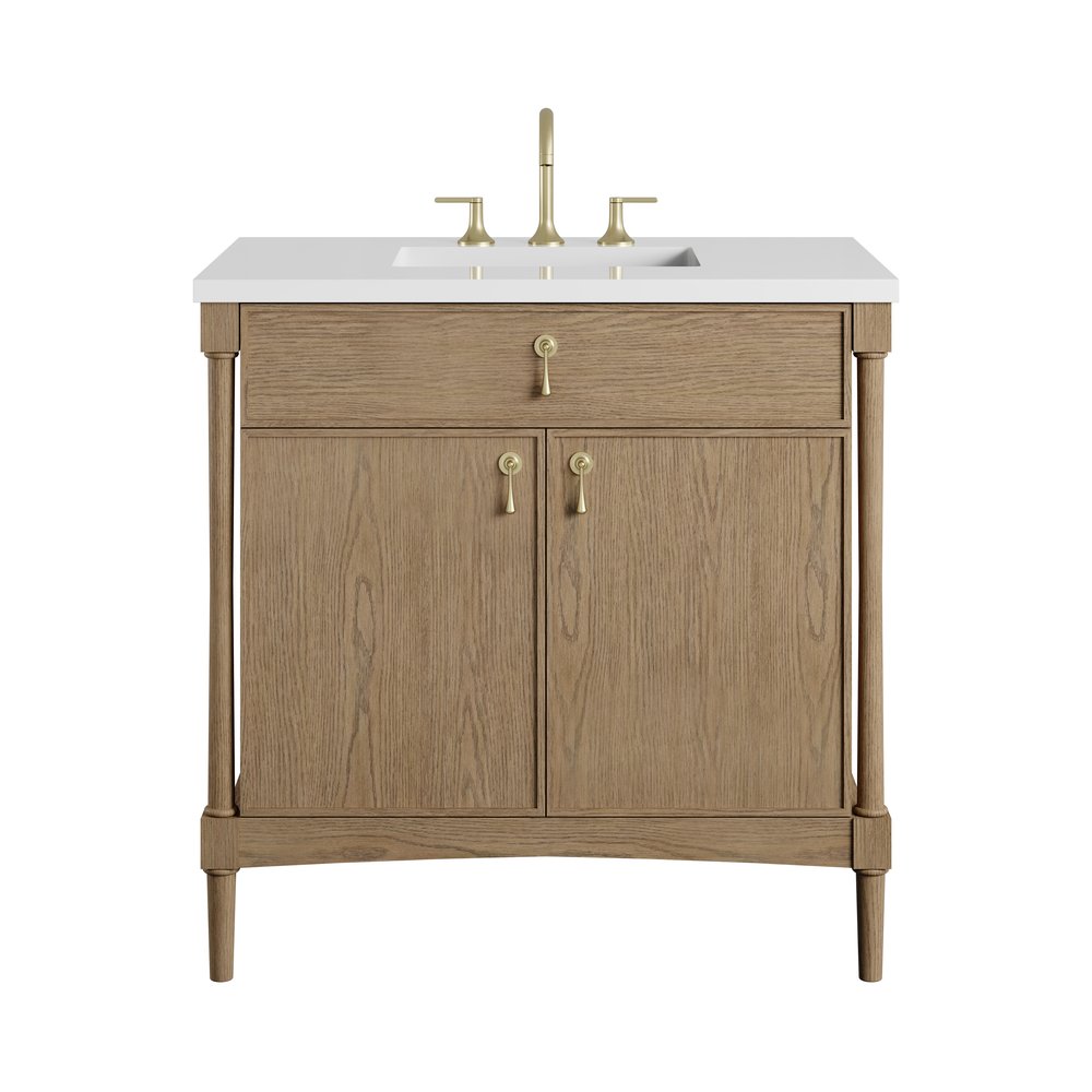 James Martin - Kinnsden 36" Single Vanity, Weathered Oak w/ 3 CM White Zeus Silestone Top - D680-V36-WTO-3WZ view 1