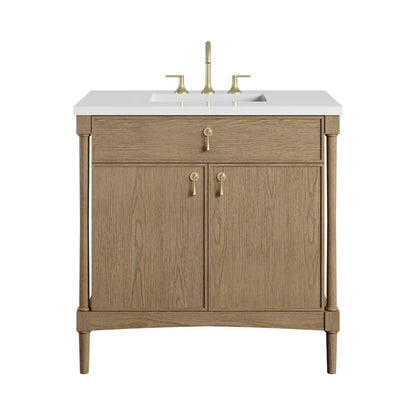 James Martin - Kinnsden 36" Single Vanity, Weathered Oak w/ 3 CM White Zeus Silestone Top - D680-V36-WTO-3WZ view 1