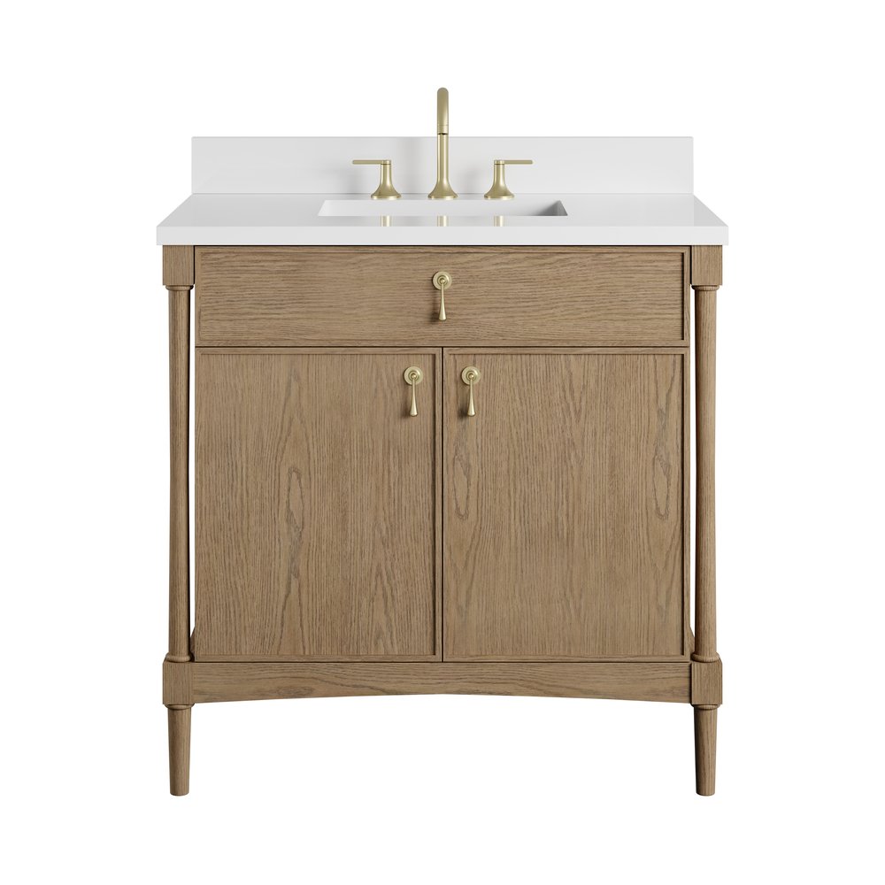 James Martin - Kinnsden 36" Single Vanity, Weathered Oak w/ 3 CM White Zeus Silestone Top - D680-V36-WTO-3WZ view 2