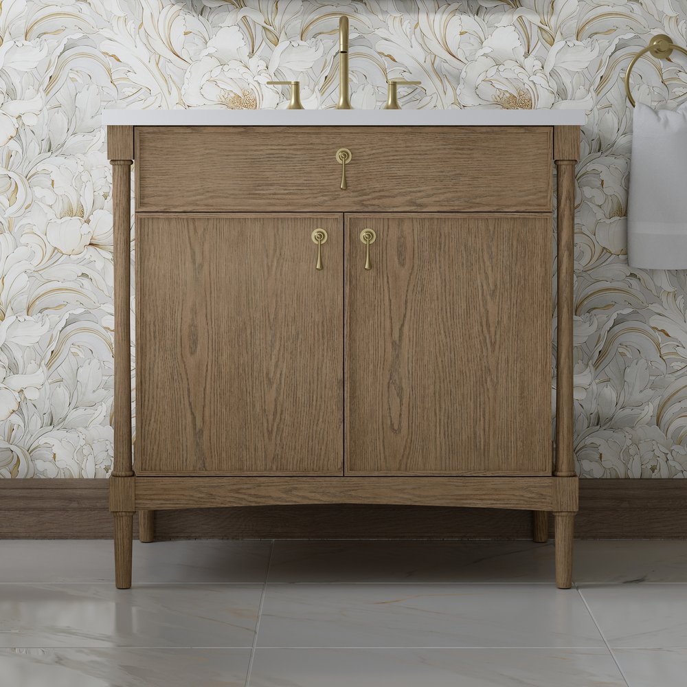 James Martin - Kinnsden 36" Single Vanity, Weathered Oak w/ 3 CM White Zeus Silestone Top - D680-V36-WTO-3WZ view 5
