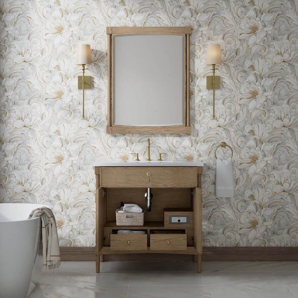 James Martin - Kinnsden 36" Single Vanity, Weathered Oak w/ 3 CM White Zeus Silestone Top - D680-V36-WTO-3WZ view 9