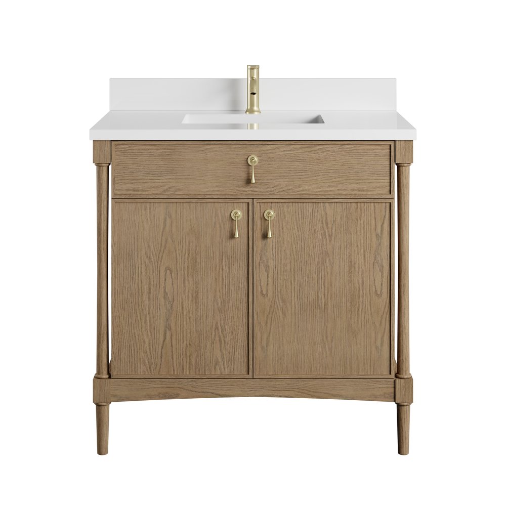 James Martin - Kinnsden 36" Single Vanity, Weathered Oak w/ Single Hole 3 CM White Zeus Silestone Top and Matching Backsplash - D680-V36-WTO-1WZ view 1