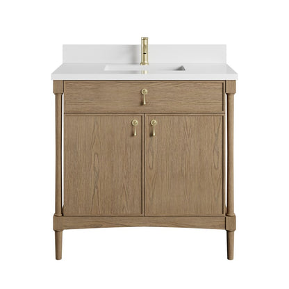 James Martin - Kinnsden 36" Single Vanity, Weathered Oak w/ Single Hole 3 CM White Zeus Silestone Top and Matching Backsplash - D680-V36-WTO-1WZ view 1
