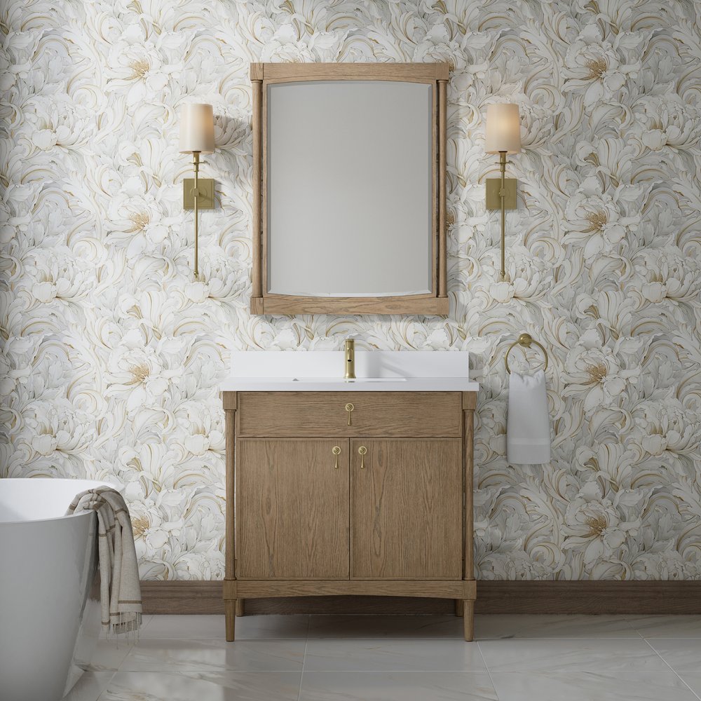 James Martin - Kinnsden 36" Single Vanity, Weathered Oak w/ Single Hole 3 CM White Zeus Silestone Top and Matching Backsplash - D680-V36-WTO-1WZ view 3