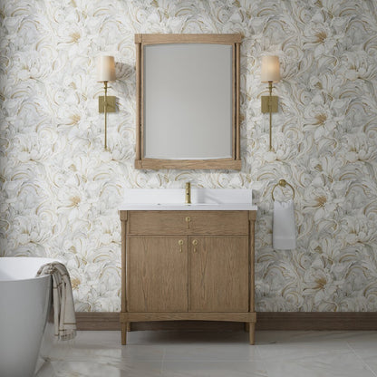 James Martin - Kinnsden 36" Single Vanity, Weathered Oak w/ Single Hole 3 CM White Zeus Silestone Top and Matching Backsplash - D680-V36-WTO-1WZ view 3