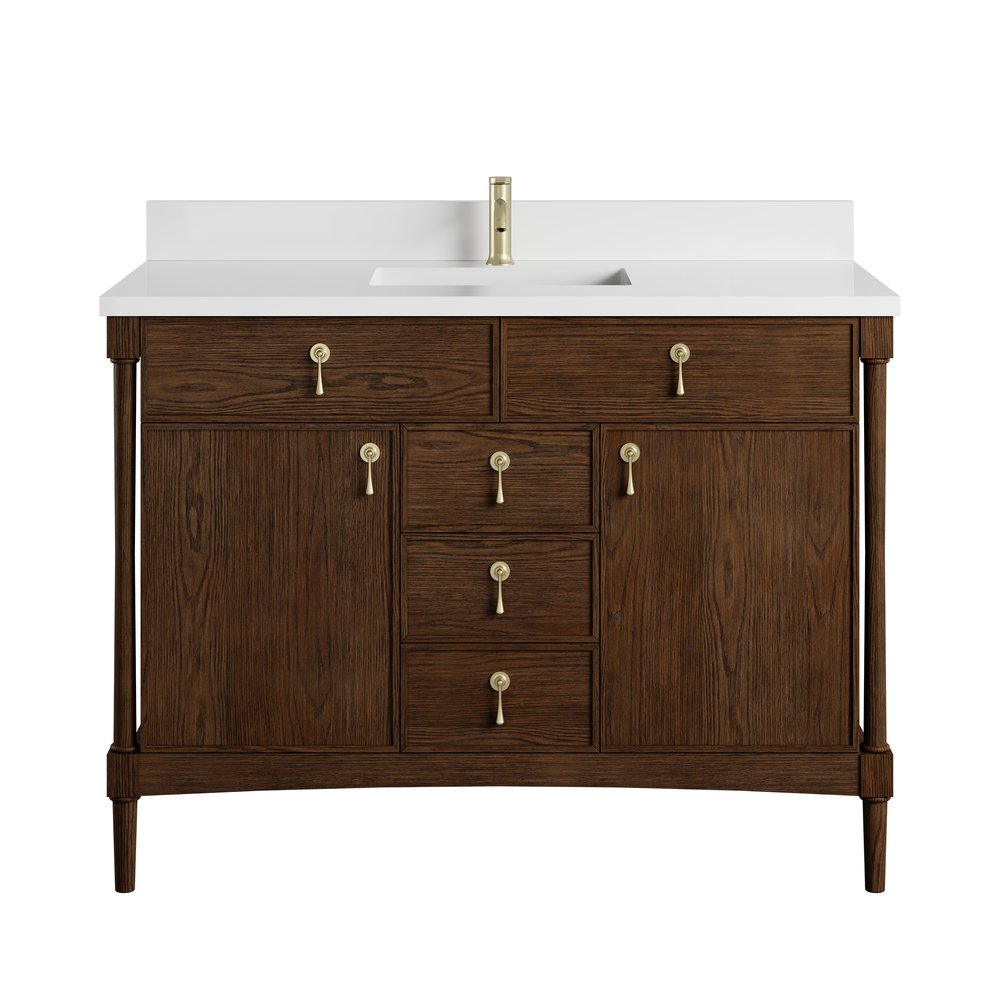 James Martin - Kinnsden 48" Single Vanity, Sable Oak w/ Single Hole 3 CM White Zeus Silestone Top and Matching Backsplash - D680-V48-SBK-1WZ view 1