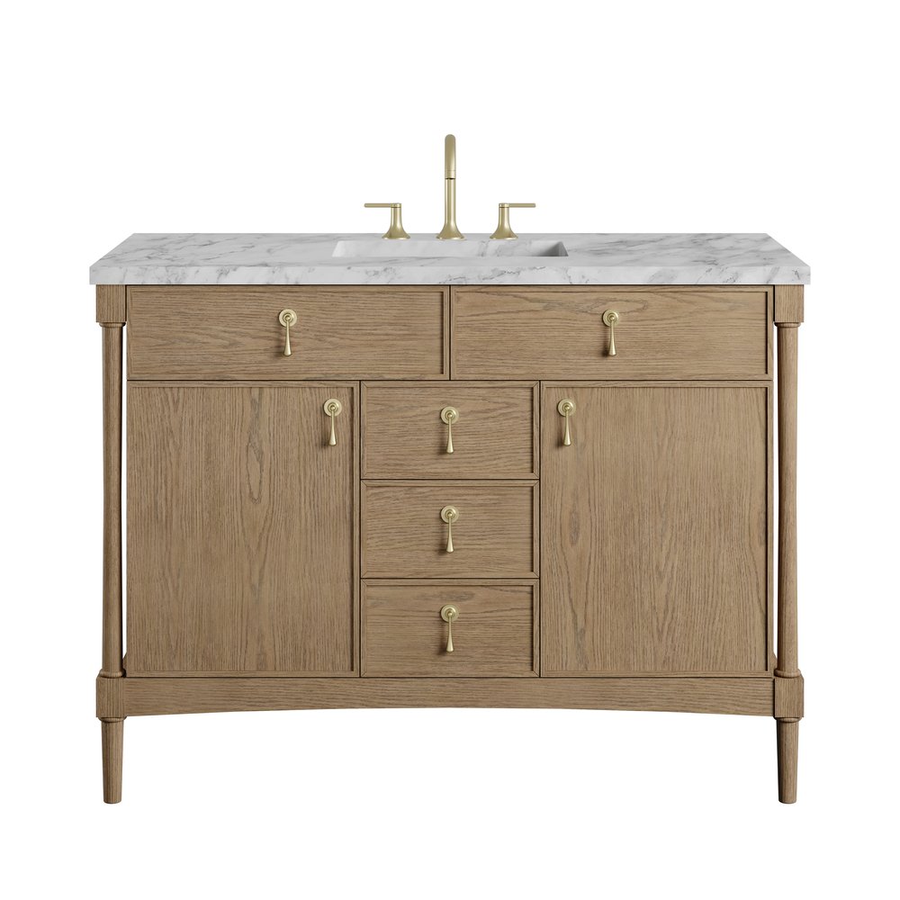 James Martin - Kinnsden 48" Single Vanity, Weathered Oak w/ 3 CM Carrara Marble Top - D680-V48-WTO-3CAR view 1