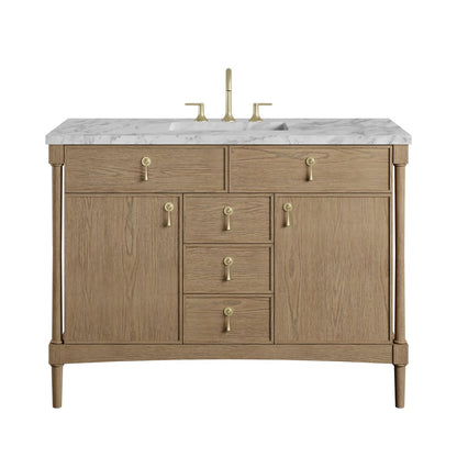 James Martin - Kinnsden 48" Single Vanity, Weathered Oak w/ 3 CM Carrara Marble Top - D680-V48-WTO-3CAR view 1