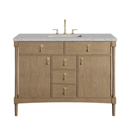 James Martin - Kinnsden 48" Single Vanity, Weathered Oak w/ 3 CM Eternal Jasmine Pearl Silestone Top w/FreePower Wireless Charger - D680-V48-WTO-FEJP view 1