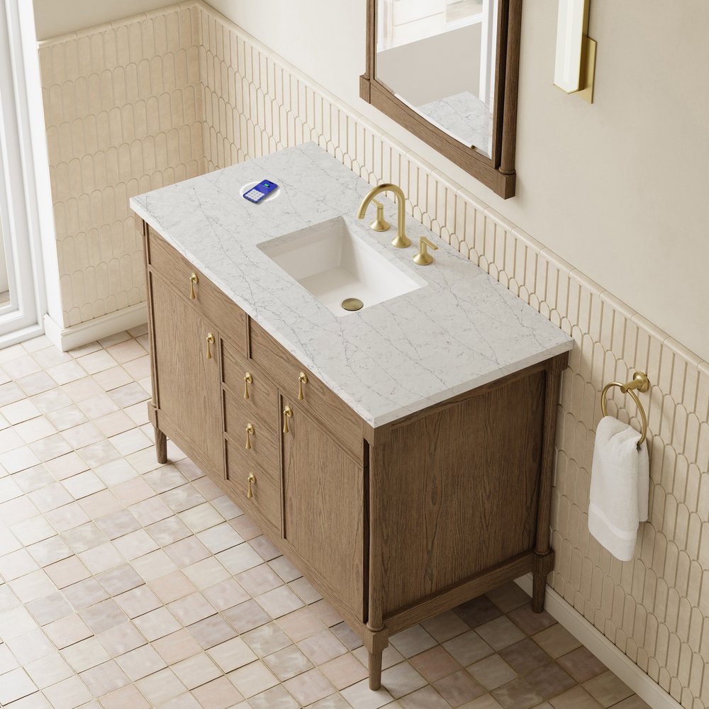 James Martin - Kinnsden 48" Single Vanity, Weathered Oak w/ 3 CM Eternal Jasmine Pearl Silestone Top w/FreePower Wireless Charger - D680-V48-WTO-FEJP view 7