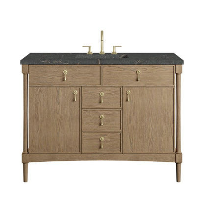 James Martin - Kinnsden 48" Single Vanity, Weathered Oak w/ 3 CM Parisien Bleu Silestone Top w/FreePower Wireless Charger - D680-V48-WTO-FPBL view 1