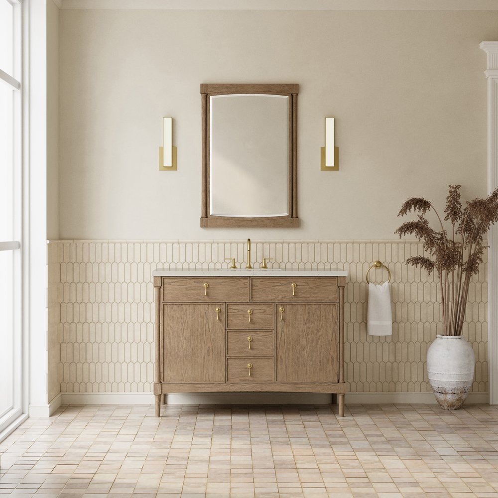 James Martin - Kinnsden 48" Single Vanity, Weathered Oak w/ 3 CM Siberian Silestone Top - D680-V48-WTO-3SFR view 3