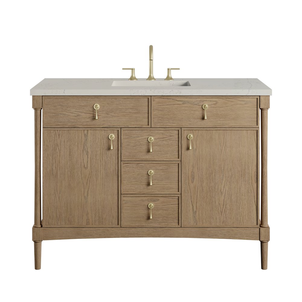 James Martin - Kinnsden 48" Single Vanity, Weathered Oak w/ 3 CM Siberian Silestone Top w/FreePower Wireless Charger - D680-V48-WTO-FSFR view 1
