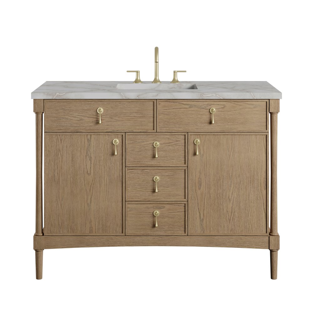 James Martin - Kinnsden 48" Single Vanity, Weathered Oak w/ 3 CM Victorian Silver Silestone Top w/FreePower Wireless Charger - D680-V48-WTO-FVSL view 1