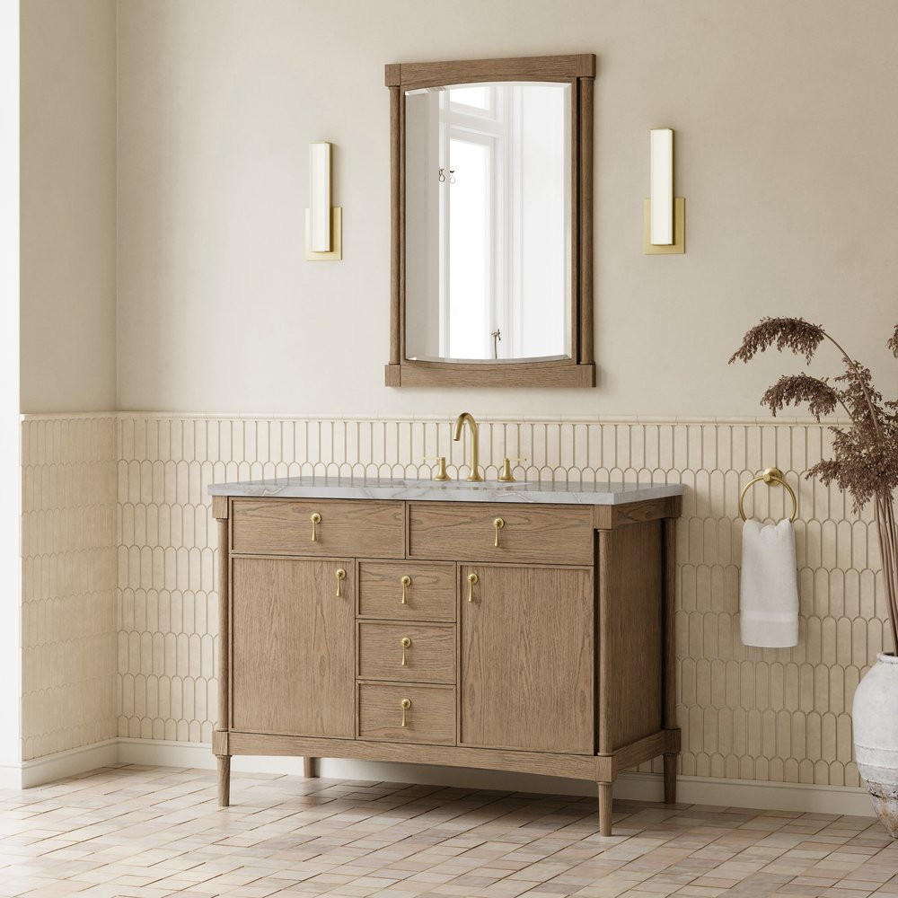 James Martin - Kinnsden 48" Single Vanity, Weathered Oak w/ 3 CM Victorian Silver Silestone Top w/FreePower Wireless Charger - D680-V48-WTO-FVSL view 4