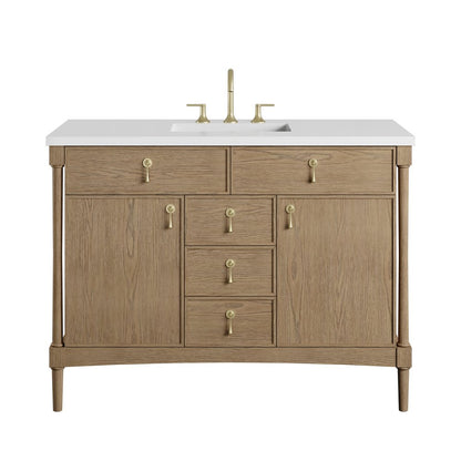 James Martin - Kinnsden 48" Single Vanity, Weathered Oak w/ 3 CM White Zeus Silestone Top - D680-V48-WTO-3WZ view 1