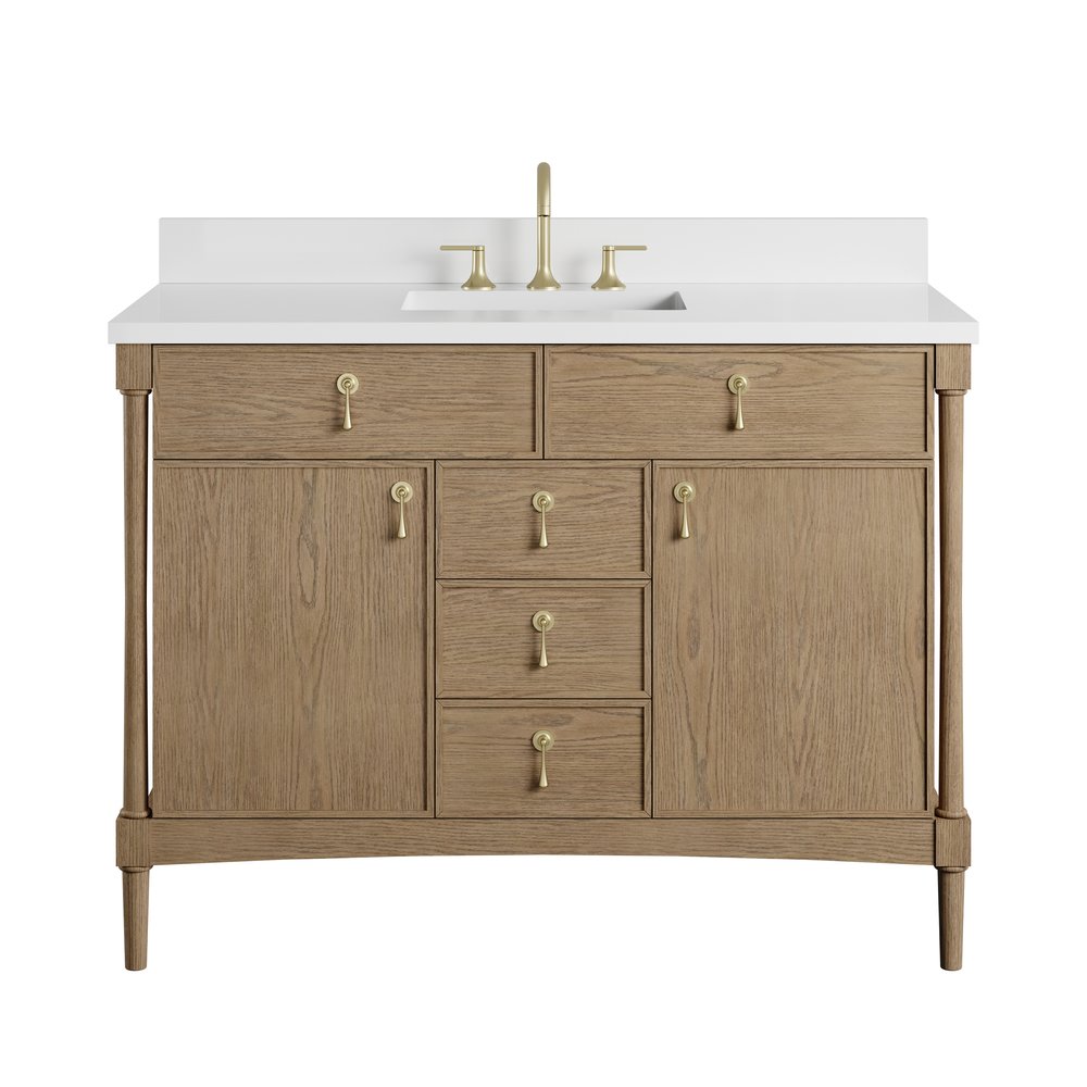 James Martin - Kinnsden 48" Single Vanity, Weathered Oak w/ 3 CM White Zeus Silestone Top - D680-V48-WTO-3WZ view 2