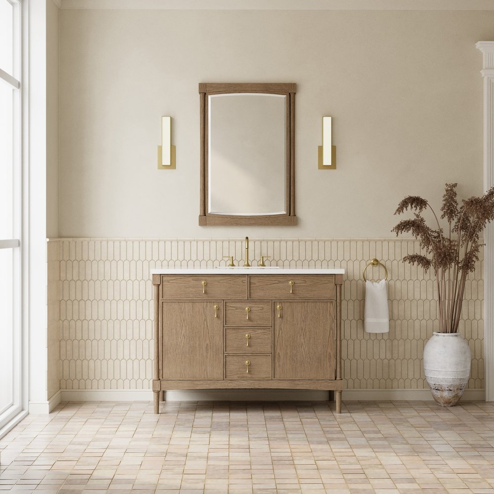 James Martin - Kinnsden 48" Single Vanity, Weathered Oak w/ 3 CM White Zeus Silestone Top - D680-V48-WTO-3WZ view 4