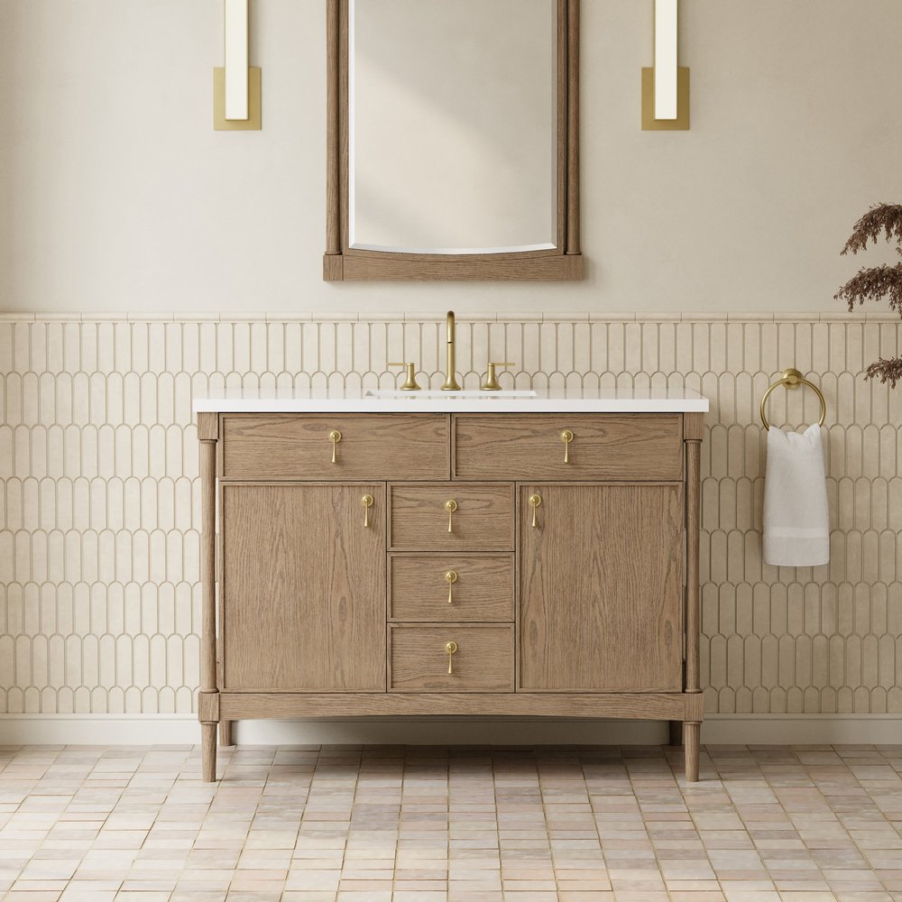 James Martin - Kinnsden 48" Single Vanity, Weathered Oak w/ 3 CM White Zeus Silestone Top - D680-V48-WTO-3WZ view 5