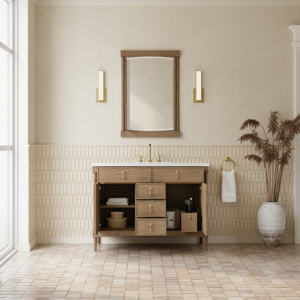 James Martin - Kinnsden 48" Single Vanity, Weathered Oak w/ 3 CM White Zeus Silestone Top - D680-V48-WTO-3WZ view 9