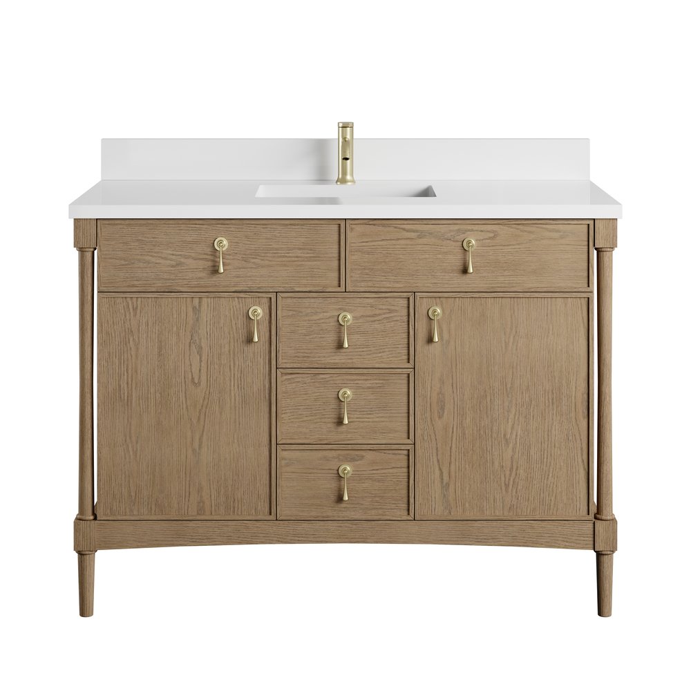 James Martin - Kinnsden 48" Single Vanity, Weathered Oak w/ Single Hole 3 CM White Zeus Silestone Top and Matching Backsplash - D680-V48-WTO-1WZ view 1