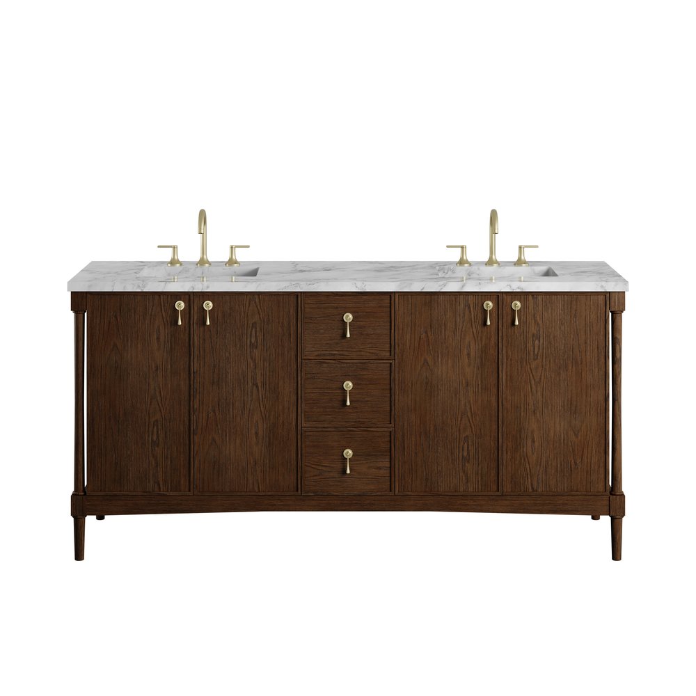 James Martin - Kinnsden 72" Double Vanity, Sable Oak w/ 3 CM Carrara Marble Top - D680-V72-SBK-3CAR view 1