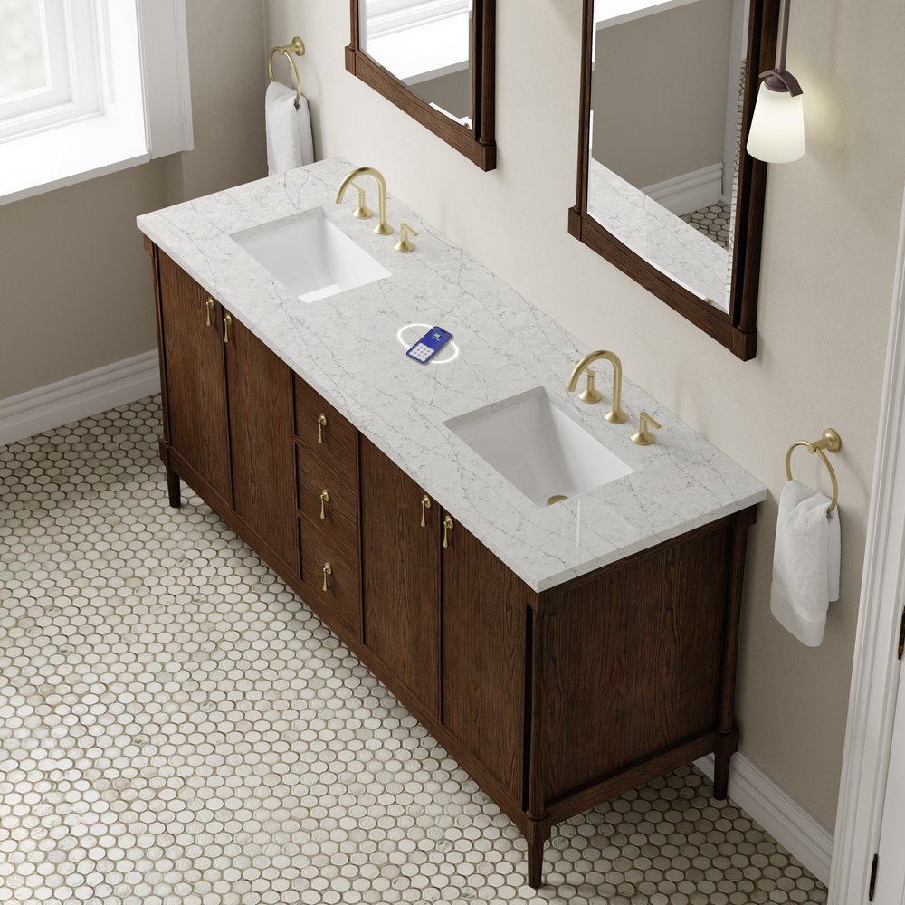 James Martin - Kinnsden 72" Double Vanity, Sable Oak w/ 3 CM Eternal Jasmine Pearl Silestone Top w/FreePower Wireless Charger - D680-V72-SBK-FEJP view 7